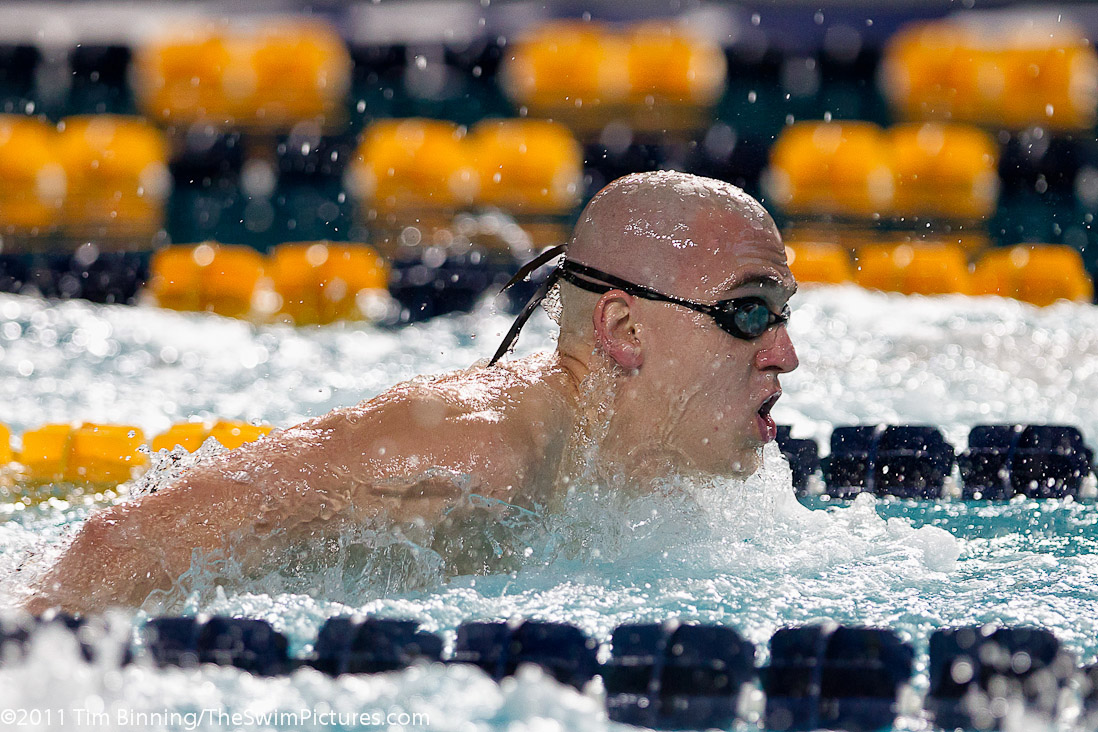 Laszlo Cseh of Hungary swims the fly leg of the 400m Individual Medley at the 2011 Mutual of Omaha Duel in the Pool held December 16 and 17, 2011 at Georgia Tech University in Atlanta, Georgia. Cseh placed third in the event behind Americans Ryan Lochte and Tyler Clary.
