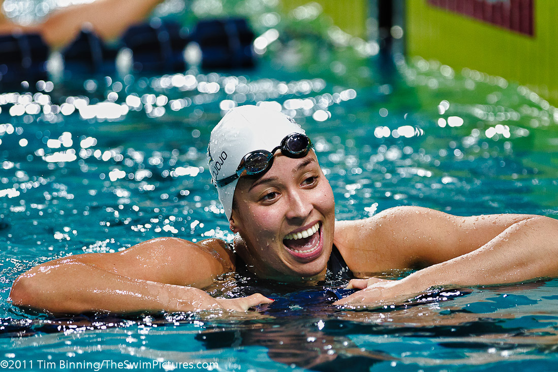Ranomi Kromowidjojo of Netherlands flashes a smile following her victory in the 100m Freestyle at the 2011 Mutual of Omaha Duel in the Pool held December 16 and 17, 2011 at Georgia Tech University in Atlanta, Georgia.