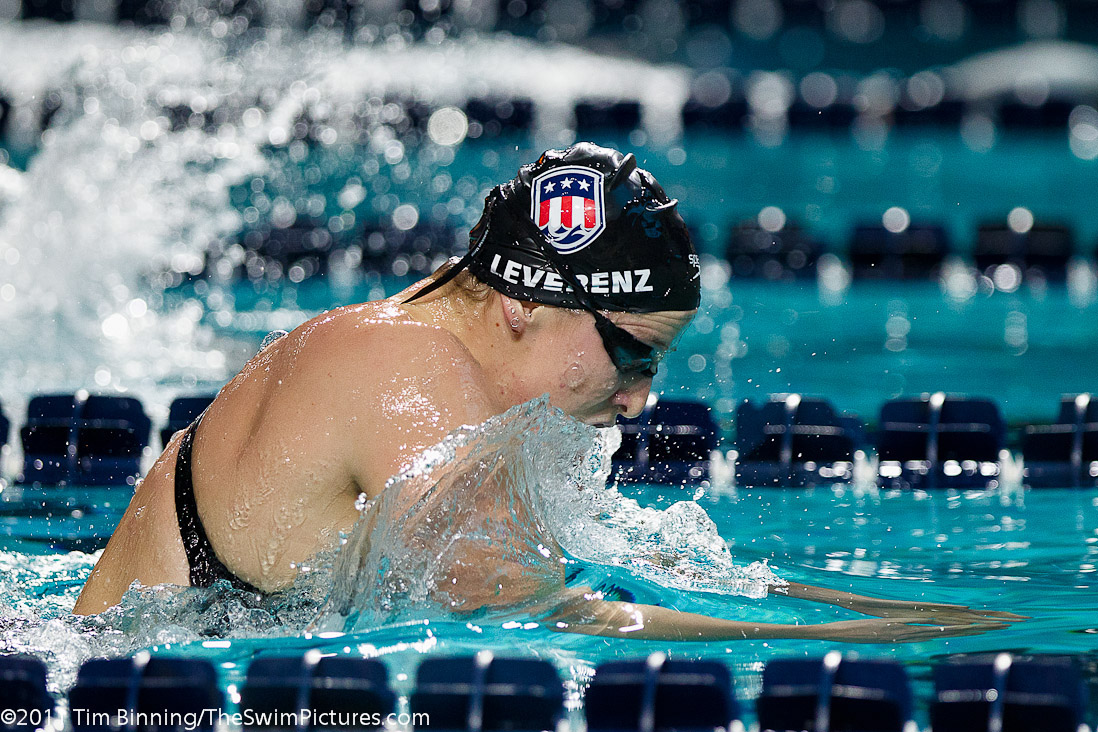 Caitlin Leverenz of the USA swims the breaststroke leg of the 400m Individual Medley at the 2011 Mutual of Omaha Duel in the Pool held December 16 and 17, 2011 at Georgia Tech University in Atlanta, Georgia.  Leverenz placed second in the event.