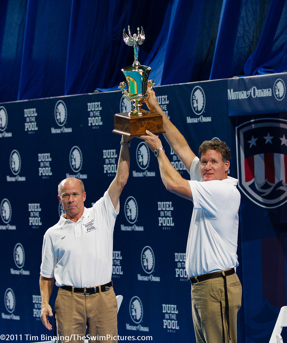 Team USA head coaches Jack Bauerle and David Marsh hold the winners trophy at the 2011 Mutual of Omaha Duel in the Pool held December 16 and 17, 2011 at Georgia Tech University in Atlanta, Georgia.