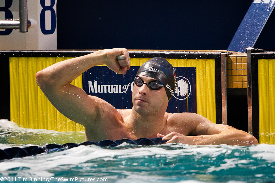 Nick Brunelli of the USA celebrates winning the 50m Freestyle at the 2011 Mutual of Omaha Duel in the Pool held December 16 and 17, 2011 at Georgia Tech University in Atlanta, Georgia.