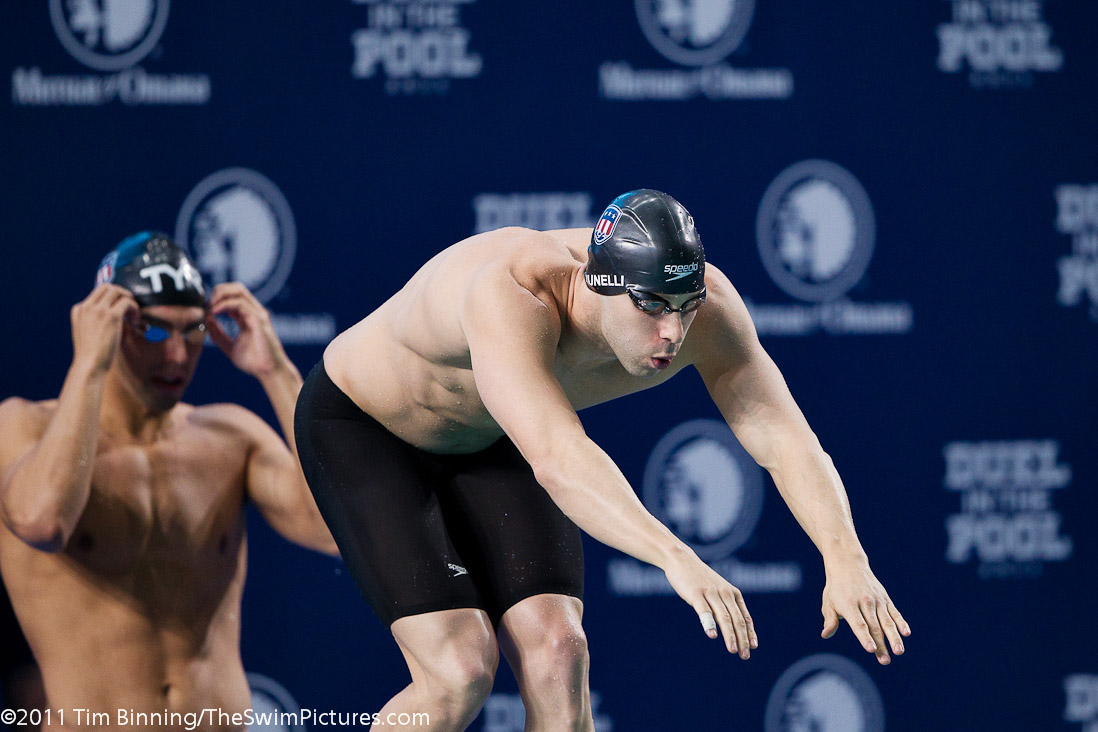 Nick Brunelli of the USA prepares to start the third leg of the 4x100m Freestyle Relay at the 2011 Mutual of Omaha Duel in the Pool held December 16 and 17, 2011 at Georgia Tech University in Atlanta, Georgia.