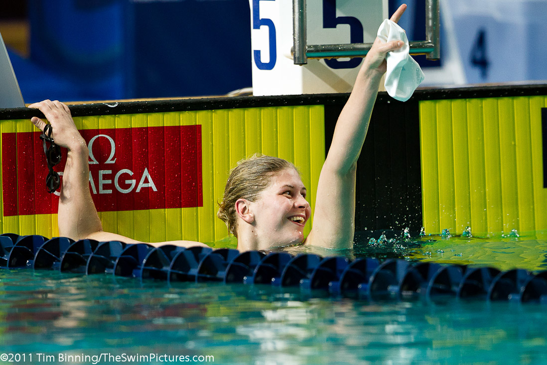 Lotte Friis  of Denmark celebrates a win in the 800m Freestyle at the 2011 Mutual of Omaha Duel in the Pool held December 16 and 17, 2011 at Georgia Tech University in Atlanta, Georgia.