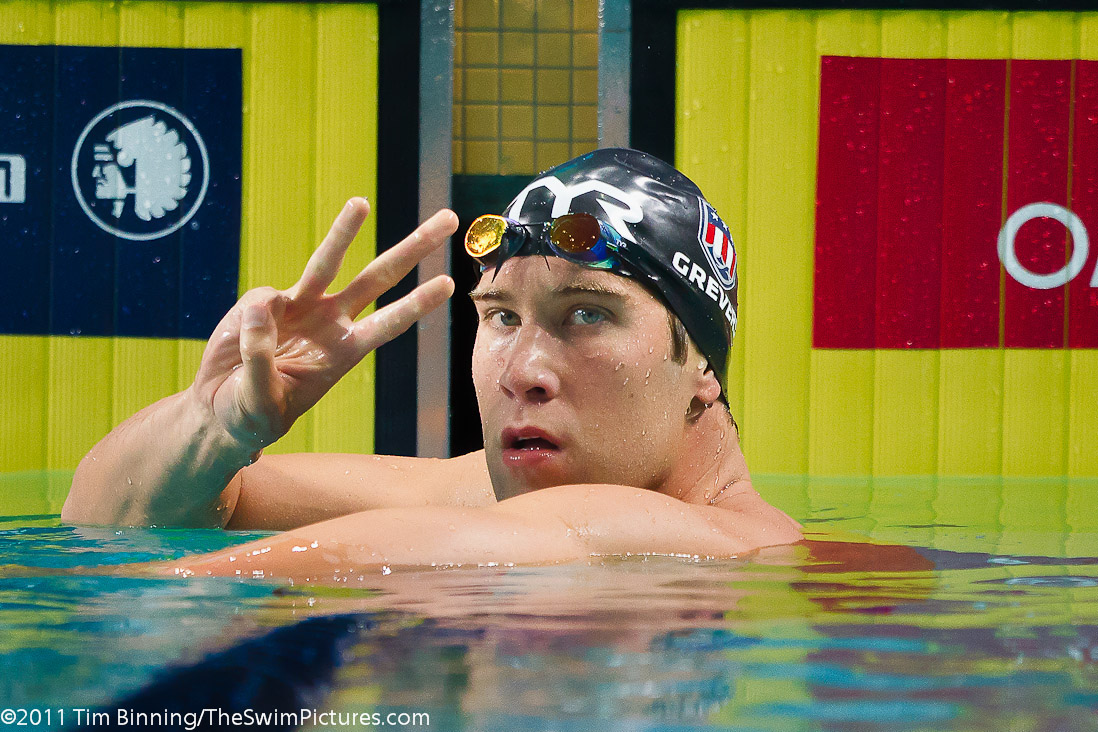 Matt Grevers of the USA following victory in the 100m Backstroke at the 2011 Mutual of Omaha Duel in the Pool held December 16 and 17, 2011 at Georgia Tech University in Atlanta, Georgia.