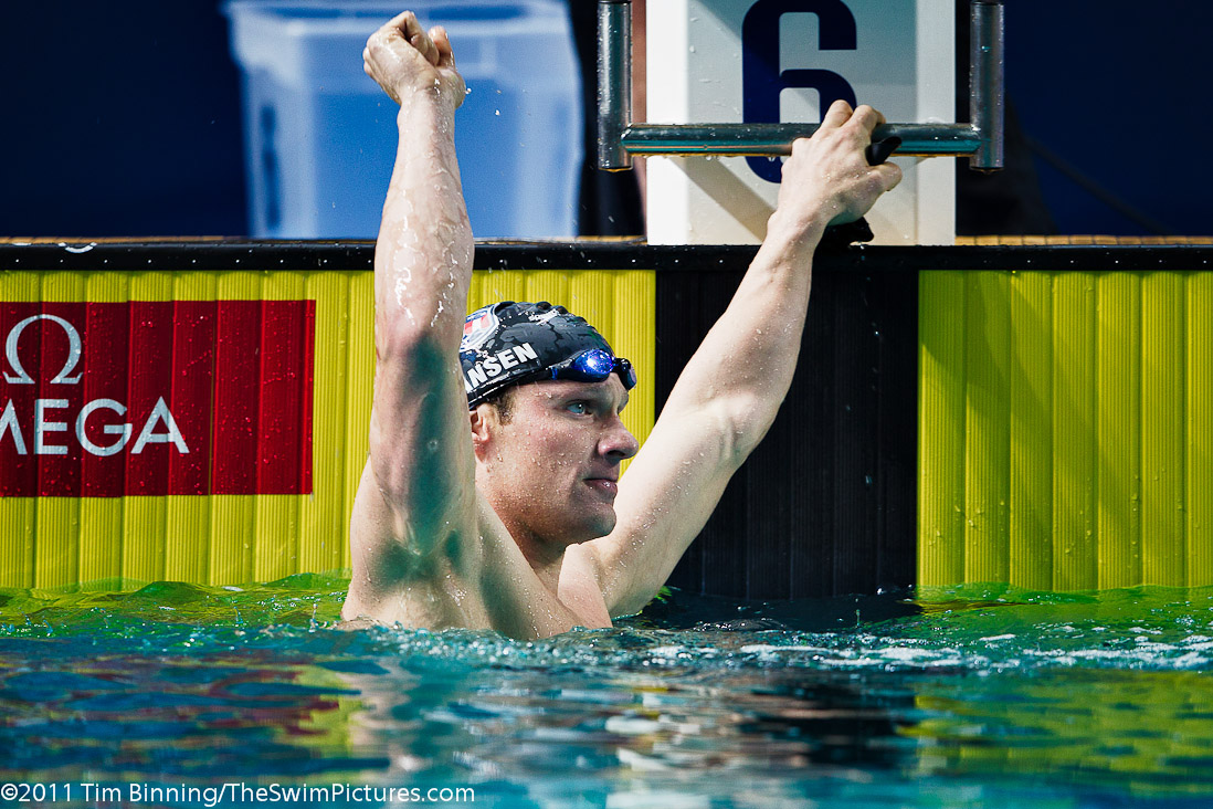 Brendan Hansen of the USA celebrates winning the 100m Breaststroke at the 2011 Mutual of Omaha Duel in the Pool held December 16 and 17, 2011 at Georgia Tech University in Atlanta, Georgia.