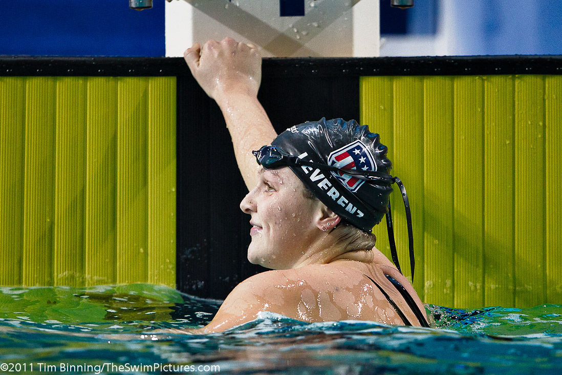 Caitlin Leverenz of the USA following victory in the 200m Individual Medley at the 2011 Mutual of Omaha Duel in the Pool held December 16 and 17, 2011 at Georgia Tech University in Atlanta, Georgia.