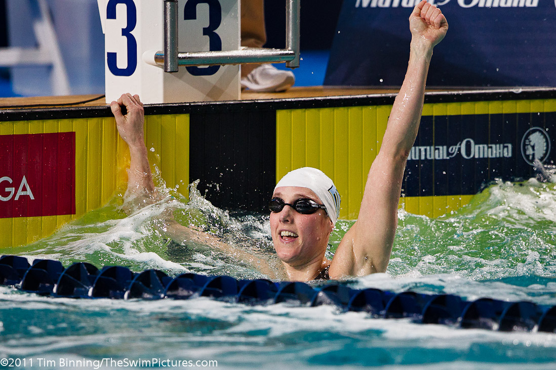 Marleen Veldhuis of Netherlands celebrates victory in the 50m Freestyle at the 2011 Mutual of Omaha Duel in the Pool held December 16 and 17, 2011 at Georgia Tech University in Atlanta, Georgia.