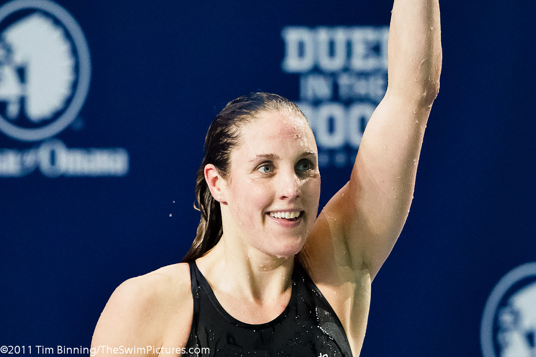 Marleen Veldhuis of Netherlands celebrates victory in the 50m Freestyle at the 2011 Mutual of Omaha Duel in the Pool held December 16 and 17, 2011 at Georgia Tech University in Atlanta, Georgia.