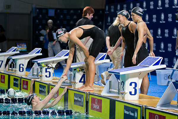 The USA Women's team of Natalie Coughlin, Rebecca Soni, Dana Vollmer and Missy Franklin wins the 400m medley relay at the 2011 Mutual of Omaha Duel in the Pool held December 16 and 17, 2011 at Georgia Tech University in Atlanta, Georgia.