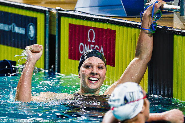 Chloe Sutton of the USA wins the 400m Freestyle at the 2011 Mutual of Omaha Duel in the Pool held December 16 and 17, 2011 at Georgia Tech University in Atlanta, Georgia.