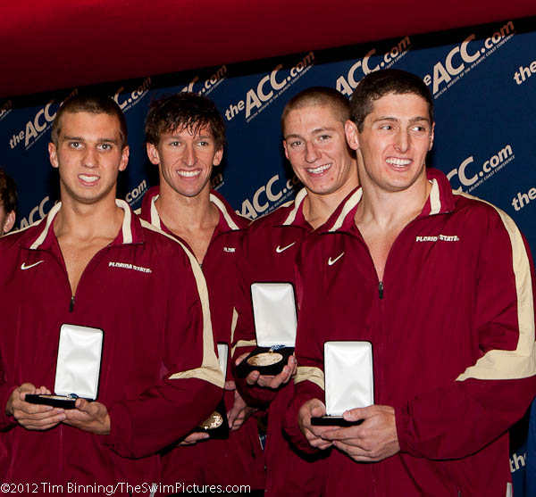 The Florida State team of Paul Murray, Trice Bailey, David Sanders and  Mark Weber won the 400 free relay to close out competition at the 2012 ACC Men's Swimming and Diving Championships. The quartet earlier won the 200 free relay.  All four are underclassmen who will be returning to competition next year.