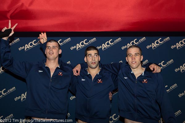 Virginia goes 1-2-3 in the 200 free with Tom Barrett (L) taking second, David Karasek (middle) first and Parker Camp (r) third.