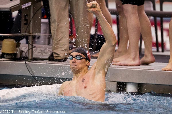 North Carolina State Sophomore Jonathan Boffa celebrates a victory in the 400 medley relay after splitting 42.22 on the anchor leg.