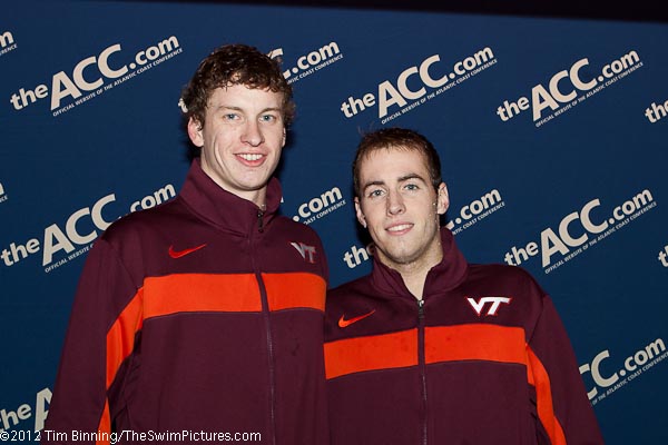 Zach McGinnis (l) and Charlie Higgins (r) go 1-3 for Virginia Tech in the 100 back.