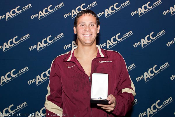 Mateo De Angulo of  Florida State captures the 500 free at the 2012 ACC Men's Swimming and Diving Championships held at the Christiansburg Aquatic Center in Christiansburg, Virginia. 