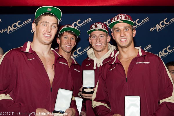 Florida State wins the 200 free relay with the team of Paul Murray, Trice Bailey, David Sanders and  Mark Weber.