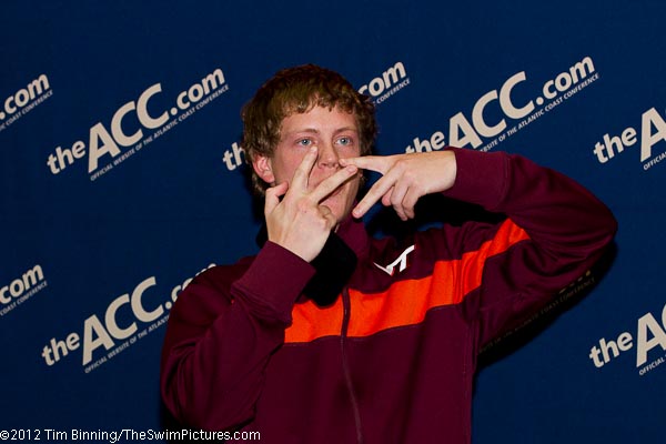 Sophomore Ryan Hawkins of Virginia Tech wins the Platform Diving with teammate Logan Shinholser less than a point behind in second place at the 2012 ACC Men's Swimming and Diving Championships.