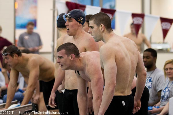The University of Virginia team of Peter Geissinger, Tom Barrett, Parker Camp and  David Karasek win the 800 free relay in 6:18.35 with an NCAA qualifying "A" time at the 2012 ACC Men's Swimming and Diving Championship.