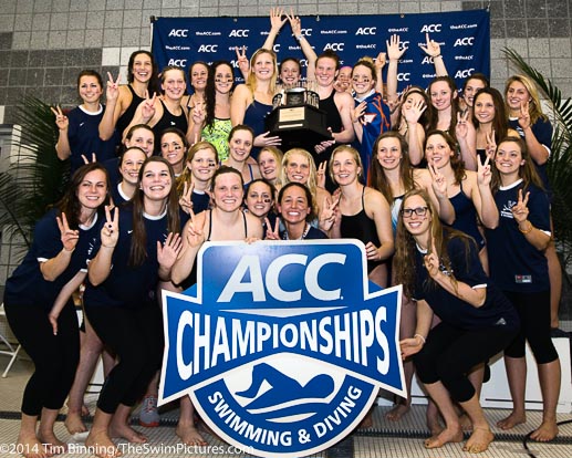 The UVA women celebrate their seventh consecutive team ACC Swimming and Diving Championship
