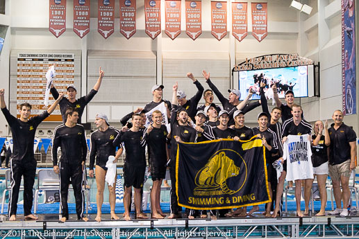 Cal Berkeley, winner of the 2014 NCAA Division I Men's Swimming and Diving team championship celebrate their victory.