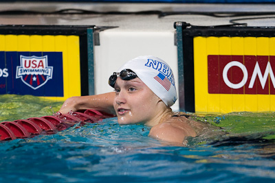 Elizabeth Pelton of the North Baltimore Aquatic Club takes second place in the 100 backstroke at the 2009 ConocoPhillips National Swimming Championships and World Championship Trials