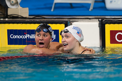 Elizabeth Pelton (right) of North Baltimore Aquatic Club takes second place and a World Swimming Championship berth in the 200 Individual Medley at the 2009 ConocoPhillips National Swimming Championships and World Championship Trials