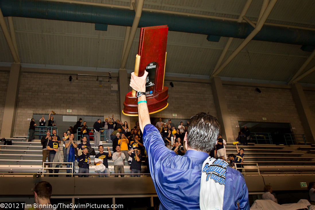 Cal Berkeley Coach Dave Durden shares the 2012 NCAA Division I Swimming and Diving National Championship trophy with supporters, alumni and parents | Cal, Dave Durden, Durden, _Durden_Dave, crowd