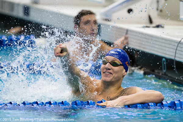 Florida Freshman Caeleb Dressel celebrates a 18.67 victory in the 50 yard freestyle at the 2015 NCAA Division I Men's Swimming and Diving Championships held at the University of Iowa.
