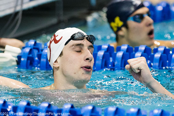 Alabama Sophomore Kris Gkolomeev wins the 100 freestyle at the 2015 NCAA Division I Men's Swimming and Diving Championships held at the University of Iowa.
