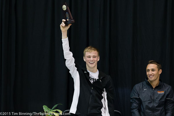 Steele Johnson of Purdue wins the 1-meter diving at the 2015 NCAA Division I Men's Swimming and Diving Championships held at the University of Iowa.