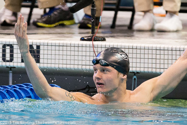 Matis Koski of Georgia Celebrates a 1,650 yard freestyle win at the 2015 NCAA Division I Men's Swimming and Diving Championships held at the University of Iowa.