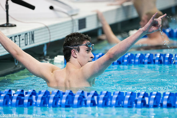 Texas Sophomore Will Licon celebrates his second individual event victory of the Championships after winning the 200 yard breaststroke at the 2015 NCAA Division I Men's Swimming and Diving Championships held at the University of Iowa.