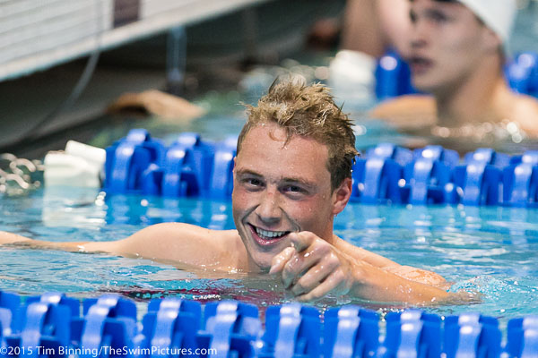 Stanford Senior David Nolan breaks the NCAA and American records with a :1:39.38 in winning the 200 individual medley at the 2015 NCAA Division I Men's Swimming and Diving Championships held at the University of Iowa.