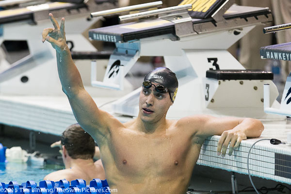 USC Senior Cristian Quintero celebrates a win in the 200 yard freestyle at the 2015 NCAA Division I Men's Swimming and Diving Championships held at the University of Iowa.