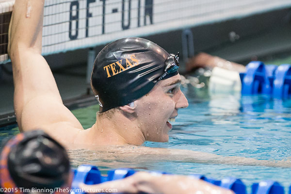 Texas Sophomore Clark Smith reacts to his 4:09.72 winning time in the 500 freestyle at the 2015 NCAA Division I Men's Swimming and Diving Championships held at the University of Iowa.