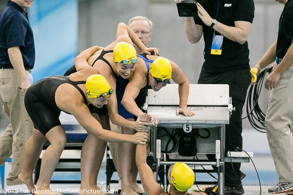 California wins their second relay of the championships as the team of Rachel Bootsma, Marina Garcia, Noemie Thomas and Farida Osman go 1:35.15 in the 200 medley relay at the 2015 NCAA Division I Women's Swimming and Diving Championships held at the Greensboro Aquatic Center in Greensboro, North Carolina.
