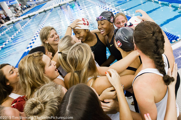 Stanford repeats in winning the 400 yard freestyle relay as the team of Lia Neal, Janet Hu, Lindsey Engel and Simone Manuel swam an American record 3:08.54 at the 2015 NCAA Division I Women's Swimming and Diving Championships held at the Greensboro Aquatic Center in Greensboro, North Carolina.