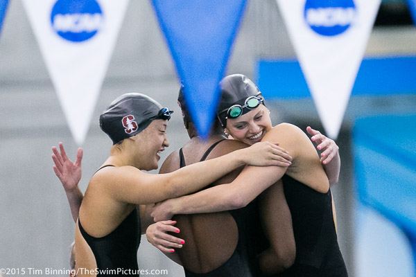 Stanford repeats as 400 medley relay champion with the team of Ally Howe, Katie Olsen, Janet Hu and Simone Manuel at the 2015 NCAA Division I Women's Swimming and Diving Championships held at the Greensboro Aquatic Center in Greensboro, North Carolina.