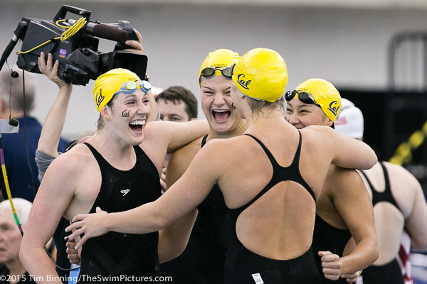 The Cal Berkeley 800 free relay of Cierra Runge, Camille Cheng, Elizabeth Pelton and Missy Franklin celebrate victory at the 2015 NCAA Division I Women's Swimming and Diving Championships held at the Greensboro Aquatic Center in Greensboro, North Carolina.