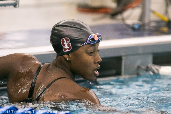 Stanford Freshman Simone Manuel wins the 50 freestyle in 21.32 at the 2015 NCAA Division I Women's Swimming and Diving Championships held at the Greensboro Aquatic Center in Greensboro, North Carolina.
