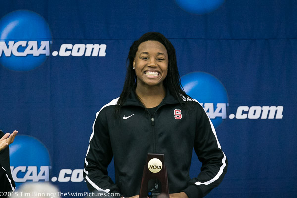 Stanford Freshman Simone Manuel follows up her 50 free victory with an American record victory in the 100 free going 46.09 at the 2015 NCAA Division I Women's Swimming and Diving Championships held at the Greensboro Aquatic Center in Greensboro, North Carolina.