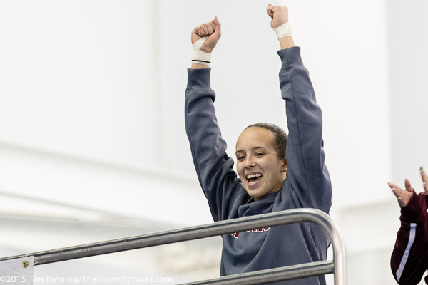 Jessican Parratto of Indiana wins the Platform diving at the 2015 NCAA Division I Women's Swimming and Diving Championships held at the Greensboro Aquatic Center in Greensboro, North Carolina.