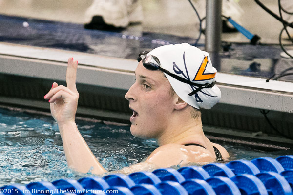 Leah Smith of Virginia follows upon her earlier 500 free victory with a win the the 1,650 free at the 2015 NCAA Division I Women's Swimming and Diving Championships held at the Greensboro Aquatic Center in Greensboro, North Carolina.