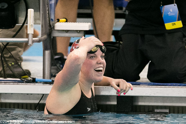 Kierra Smith, a Minnesota Junior, wins the 200 breaststroke in 2:04.56 at the 2015 NCAA Division I Women's Swimming and Diving Championships held at the Greensboro Aquatic Center in Greensboro, North Carolina.