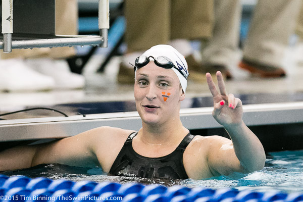 Leah Smith of hte University of Virginia win the 500 freestyle at the 2015 NCAA Division I Women's Swimming and Diving Championships held at the Greensboro Aquatic Center in Greensboro, North Carolina.