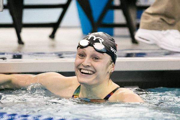 Louisville Junior Kelsi Worrell sets an American record 49.81 in the 100 butterfly in winning the event at the 2015 NCAA Division I Women's Swimming and Diving Championships held at the Greensboro Aquatic Center in Greensboro, North Carolina.