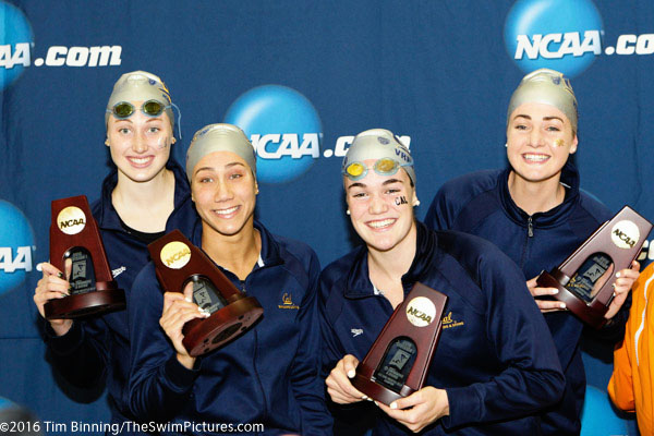 200 Freestyle Relay Winner: California Farida Osman, Kristen Vredeveld, Valerie Hull, Amy Bilquist 2016 NCAA Division I Women's Swimming and Diving Championships