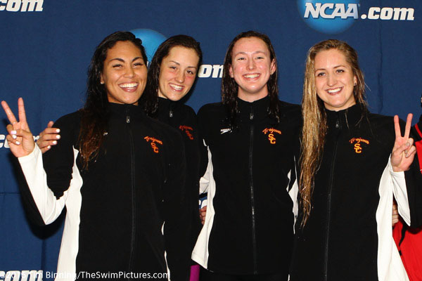 400 Freestyle Relay winners Kasia Wilk, Kirsten Vose, Chelsea Chenault, Anika Apostalon of USC at the 2016 NCAA Division I Women's Swimming and Diving Championships
