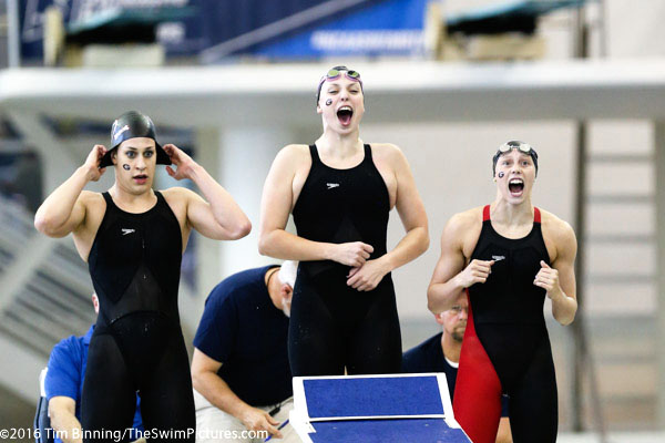 800 Freestyle Relay winner Georgia Hali Flickinger, Kylie Stewart, Meaghan Raab, Brittany MacLean 2016 NCAA Division I Women's Swimming and Diving Championships