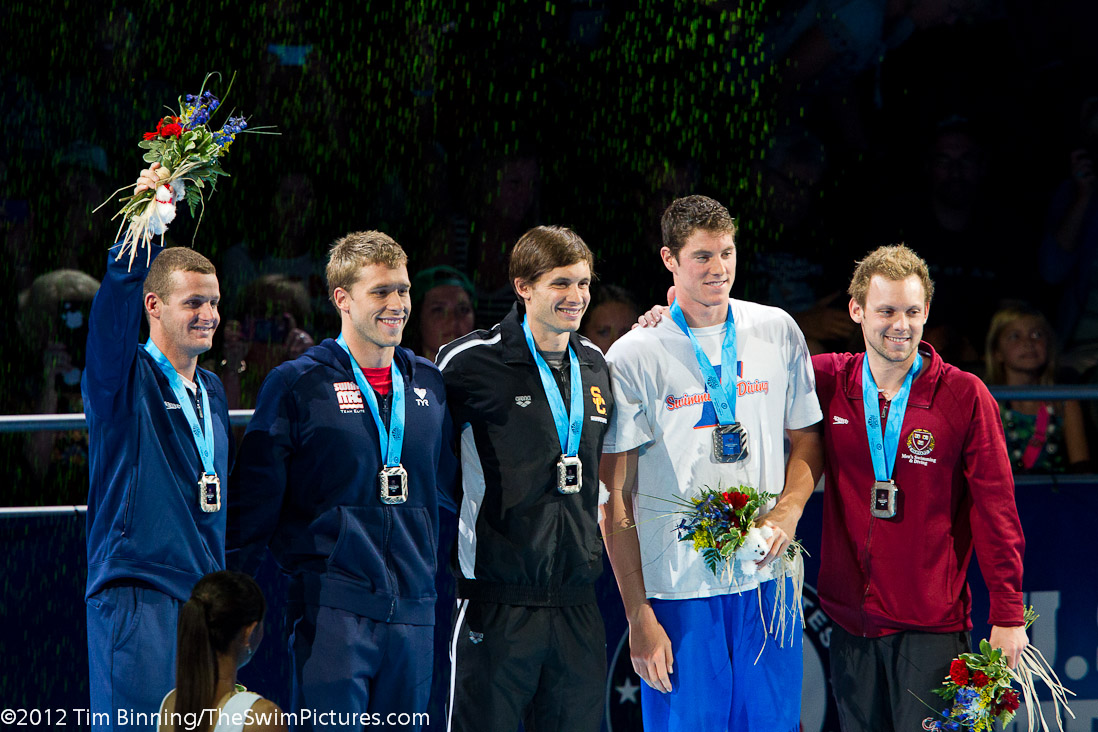 Individual event second place finisher's are formally added to the US Olympic roster.  From left to right: Tyler Clary (200 fly), Nick Thoman (100 back), Eric Shanteau (100 breast), Connor Dwyer (400 free).  To the far right, Alex Meyer had previously qualified as the US Olympic representative in the 10k swim.. | Clary, Dwyer, Meyer, Shanteau, Thoman, _Doubles_men